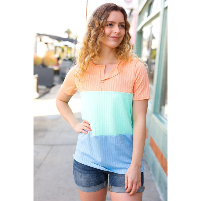 Peach/Mint Button Pointelle Rib Color Block Top