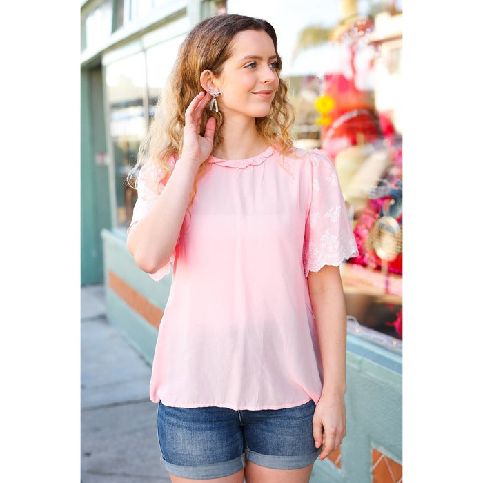 Blush Mock Neck Embroidered Woven Top