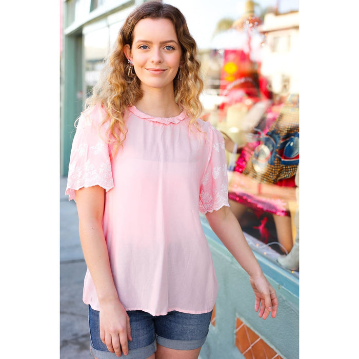 Blush Mock Neck Embroidered Woven Top