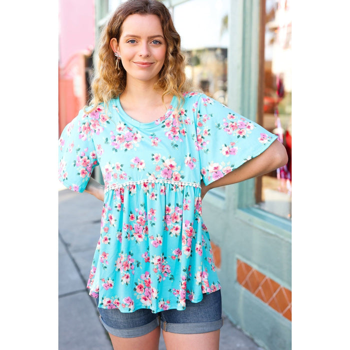 Sky Blue Three-Quarter Sleeve Floral Peplum Babydoll Top