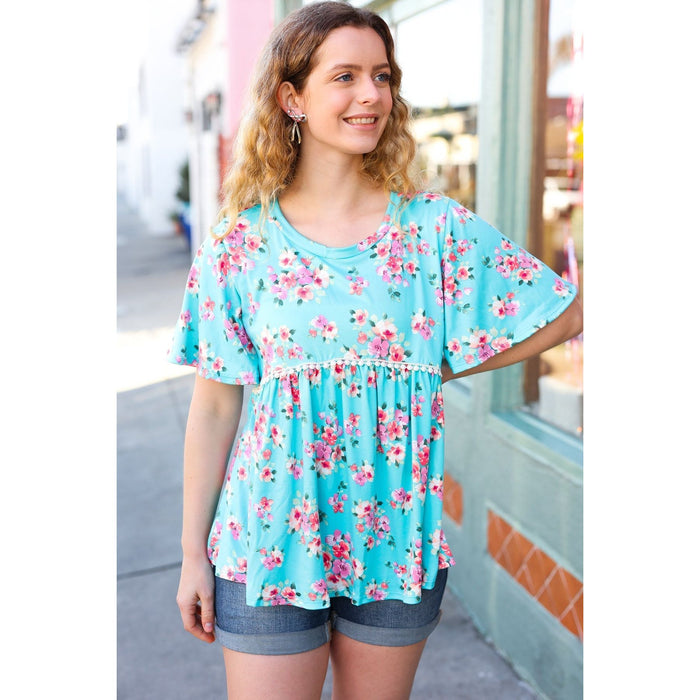 Sky Blue Three-Quarter Sleeve Floral Peplum Babydoll Top