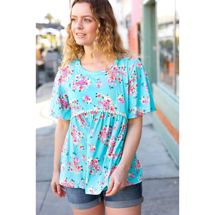 Sky Blue Three-Quarter Sleeve Floral Peplum Babydoll Top