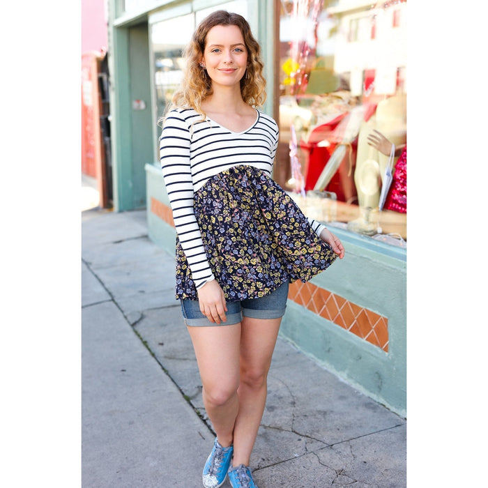 Cream & Navy Floral Stripe V Neck Colorblock Top