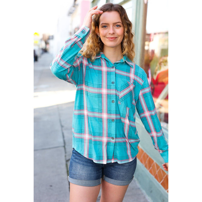 Teal & Pink Plaid Front Pocket Button Down Shacket