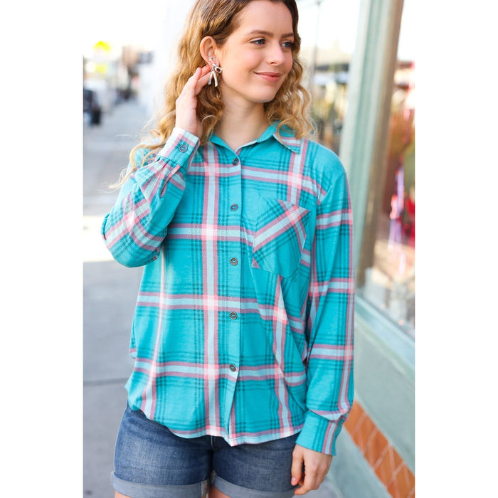 Teal & Pink Plaid Front Pocket Button Down Shacket