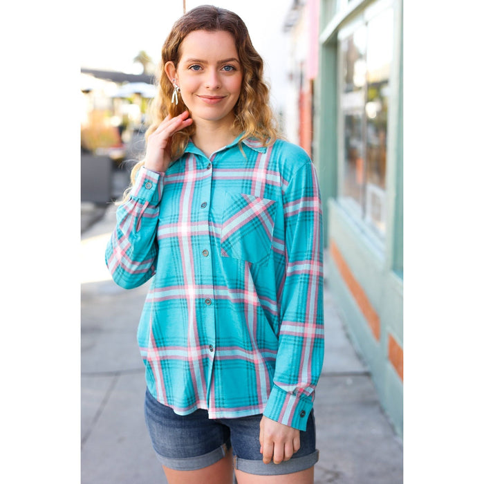 Teal & Pink Plaid Front Pocket Button Down Shacket