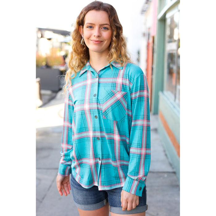 Teal & Pink Plaid Front Pocket Button Down Shacket