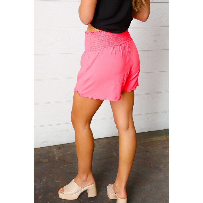 Coral Smocked Waist Scalloped Shorts