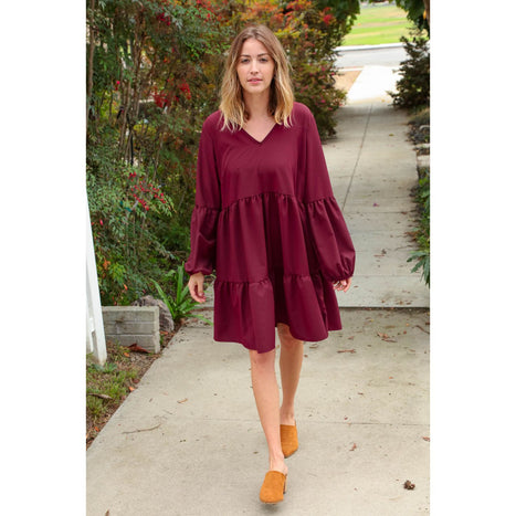 Burgundy V Neck Woven Swing Dress with Pockets