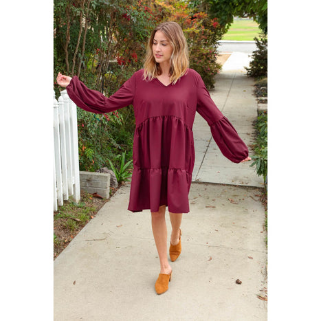 Burgundy V Neck Woven Swing Dress with Pockets