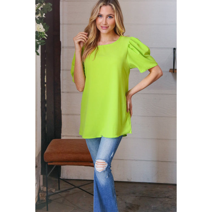 Neon Green Round Neck Puff Sleeve Crepe Top