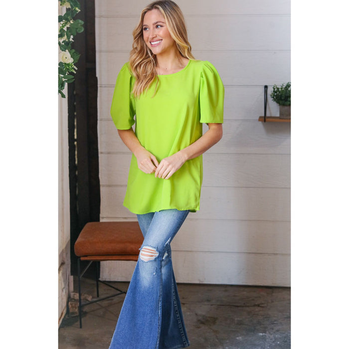 Neon Green Round Neck Puff Sleeve Crepe Top