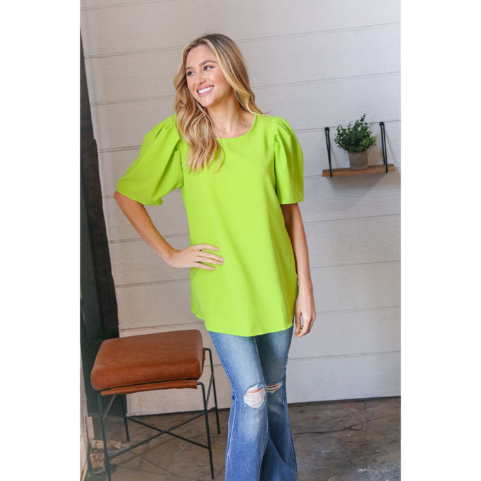 Neon Green Round Neck Puff Sleeve Crepe Top