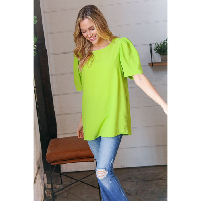 Neon Green Round Neck Puff Sleeve Crepe Top