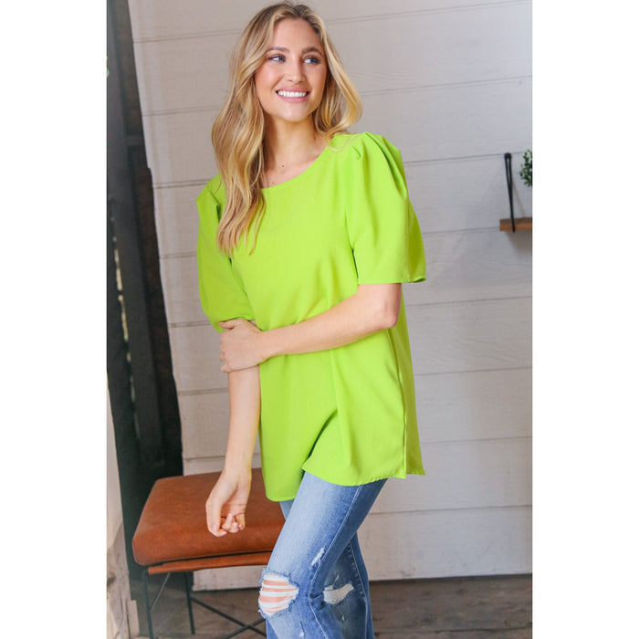 Neon Green Round Neck Puff Sleeve Crepe Top