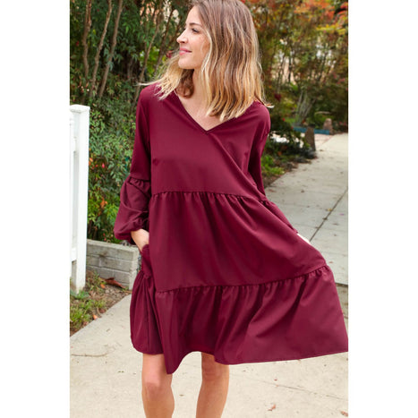 Burgundy V Neck Woven Swing Dress with Pockets