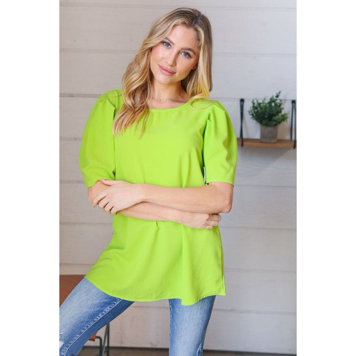 Neon Green Round Neck Puff Sleeve Crepe Top