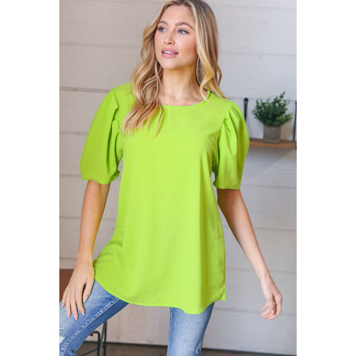 Neon Green Round Neck Puff Sleeve Crepe Top