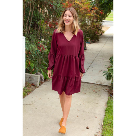 Burgundy V Neck Woven Swing Dress with Pockets