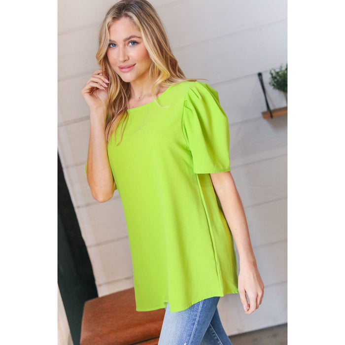 Neon Green Round Neck Puff Sleeve Crepe Top