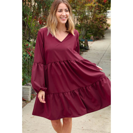 Burgundy V Neck Woven Swing Dress with Pockets