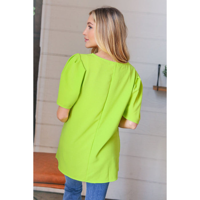 Neon Green Round Neck Puff Sleeve Crepe Top