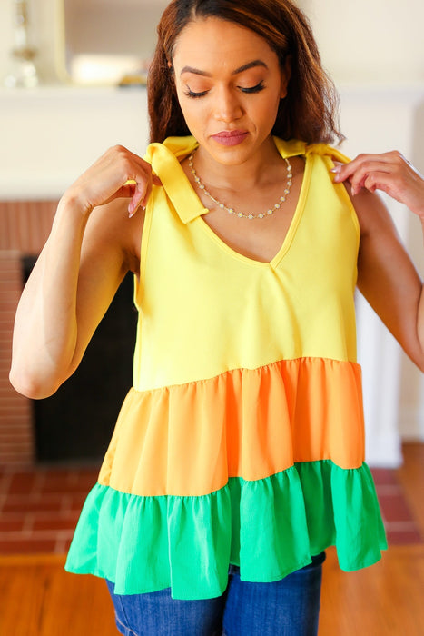 Yellow & Tangerine Tiered Shoulder Tie Crepe Top