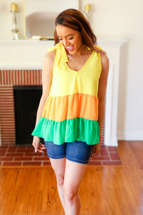 Yellow & Tangerine Tiered Shoulder Tie Crepe Top