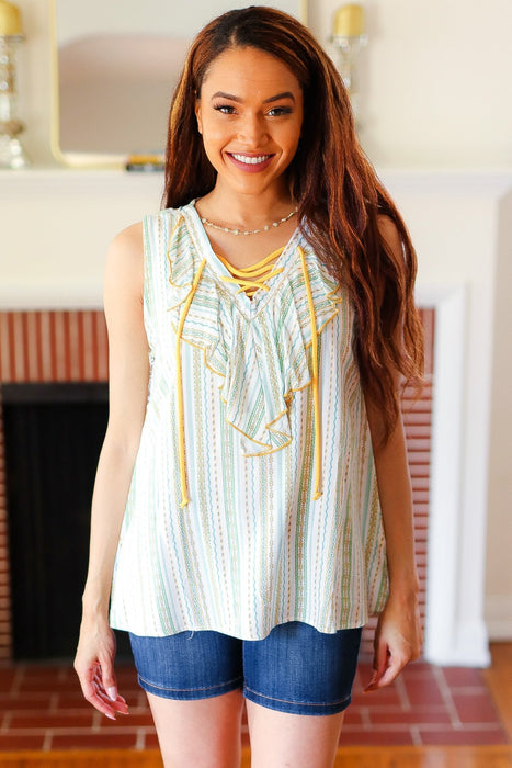 Mint Boho Vertical Stripe Laced Ruffle V Neck Top (Copy)