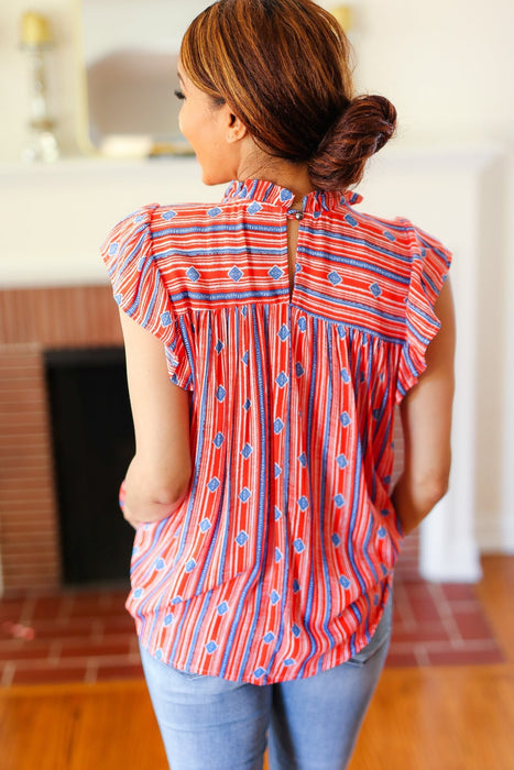 Red & Blue Boho Stripe Flutter Sleeve Top (Copy)