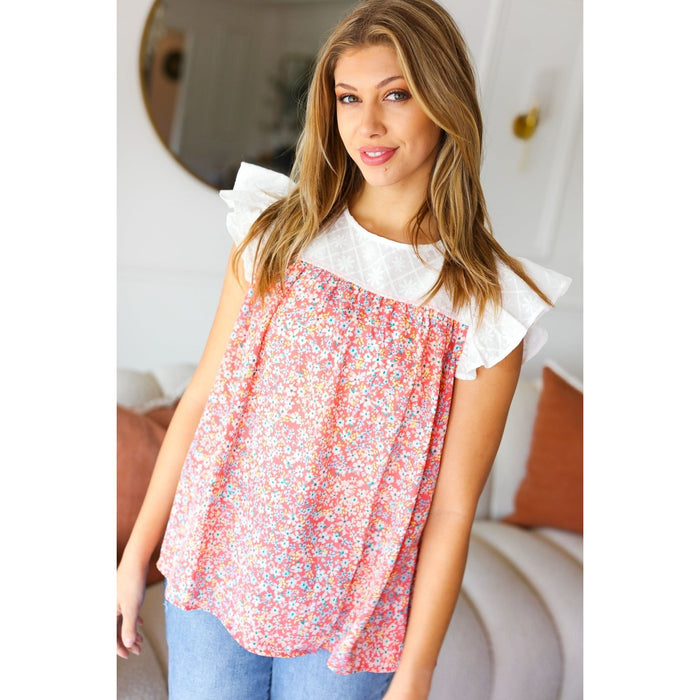 Coral & White Cotton Floral Embroidered Yoke Top