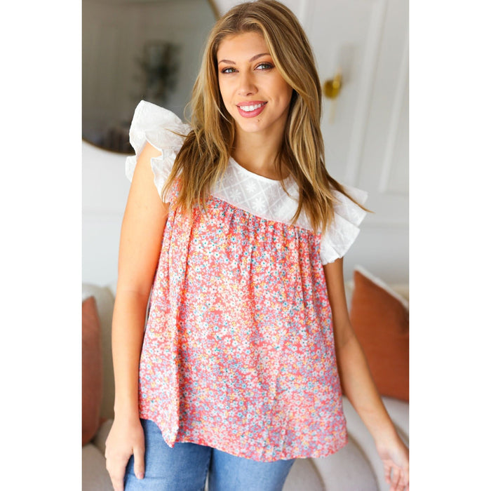 Coral & White Cotton Floral Embroidered Yoke Top