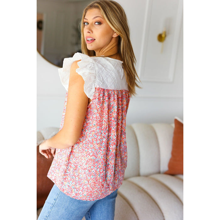 Coral & White Cotton Floral Embroidered Yoke Top