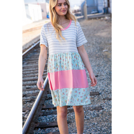 Floral and Stripe Color Block Fit and Flare Rib Dress