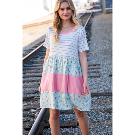 Floral and Stripe Color Block Fit and Flare Rib Dress