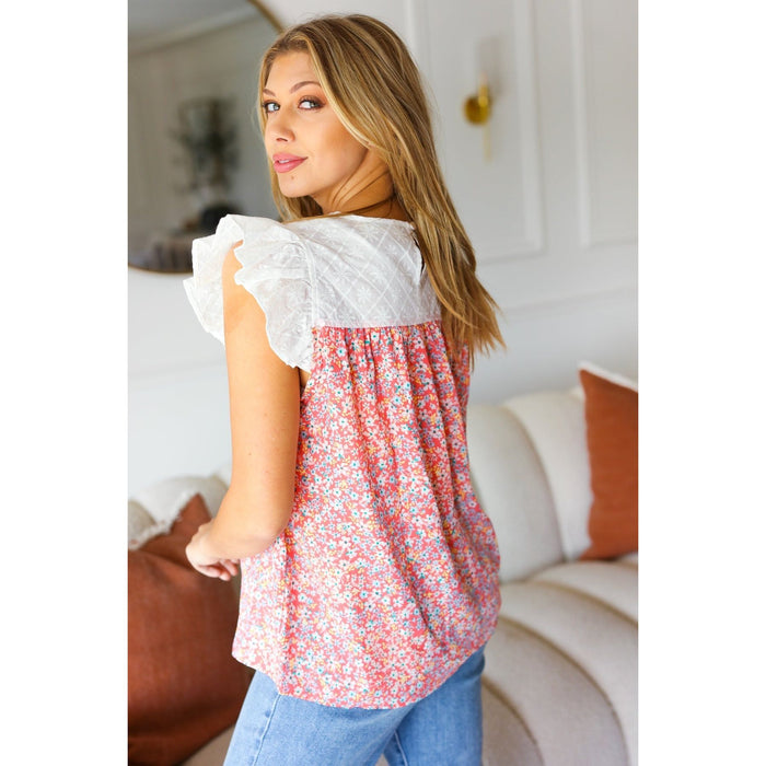 Coral & White Cotton Floral Embroidered Yoke Top