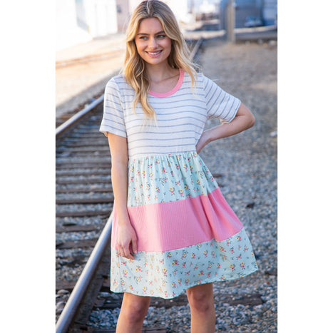 Floral and Stripe Color Block Fit and Flare Rib Dress