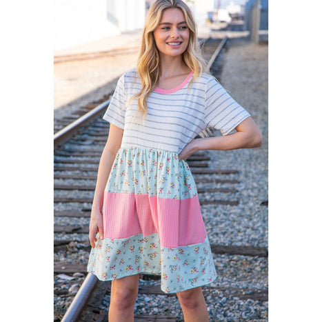 Floral and Stripe Color Block Fit and Flare Rib Dress