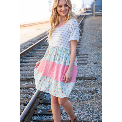 Floral and Stripe Color Block Fit and Flare Rib Dress