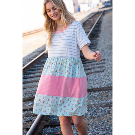 Floral and Stripe Color Block Fit and Flare Rib Dress