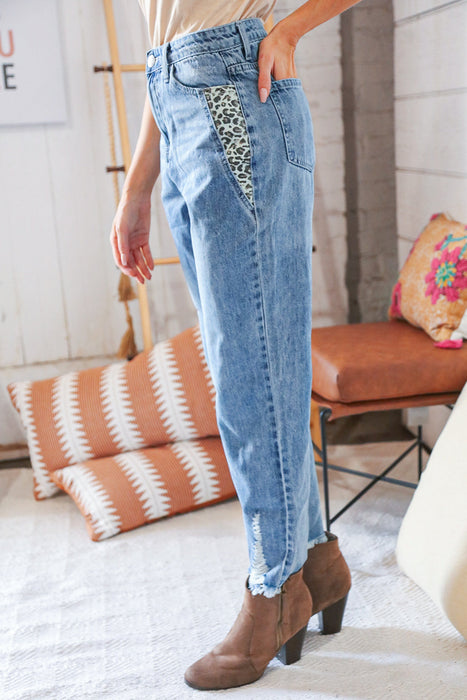 Leopard Print Washed Pocketed Ankle Torn Jeans