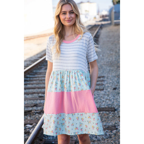 Floral and Stripe Color Block Fit and Flare Rib Dress