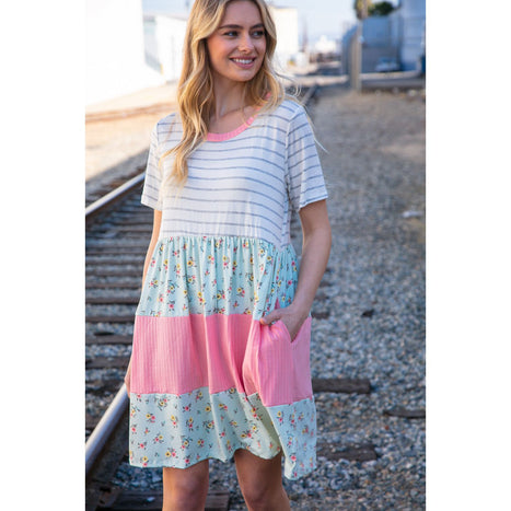 Floral and Stripe Color Block Fit and Flare Rib Dress