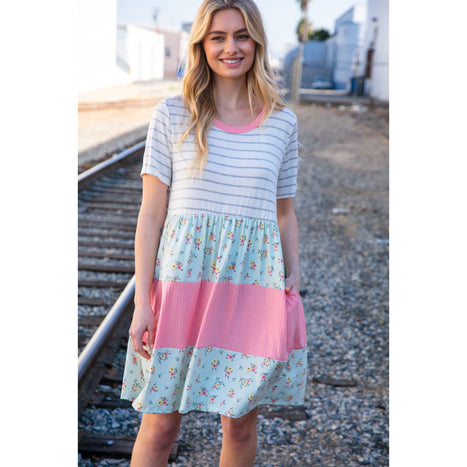 Floral and Stripe Color Block Fit and Flare Rib Dress