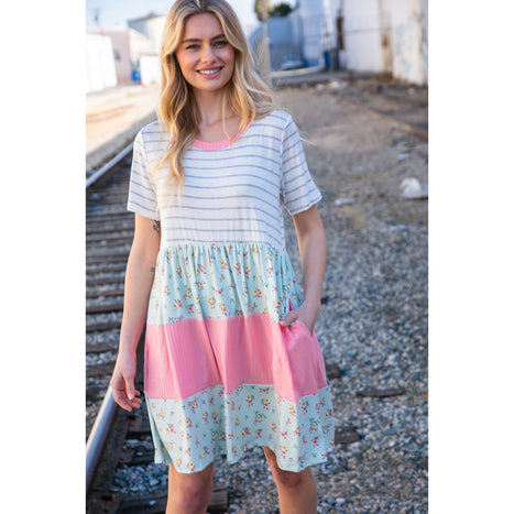 Floral and Stripe Color Block Fit and Flare Rib Dress