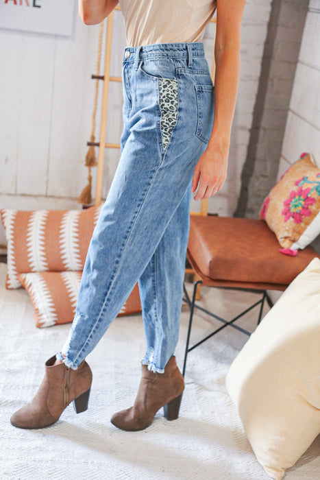 Leopard Print Washed Pocketed Ankle Torn Jeans