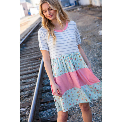 Floral and Stripe Color Block Fit and Flare Rib Dress