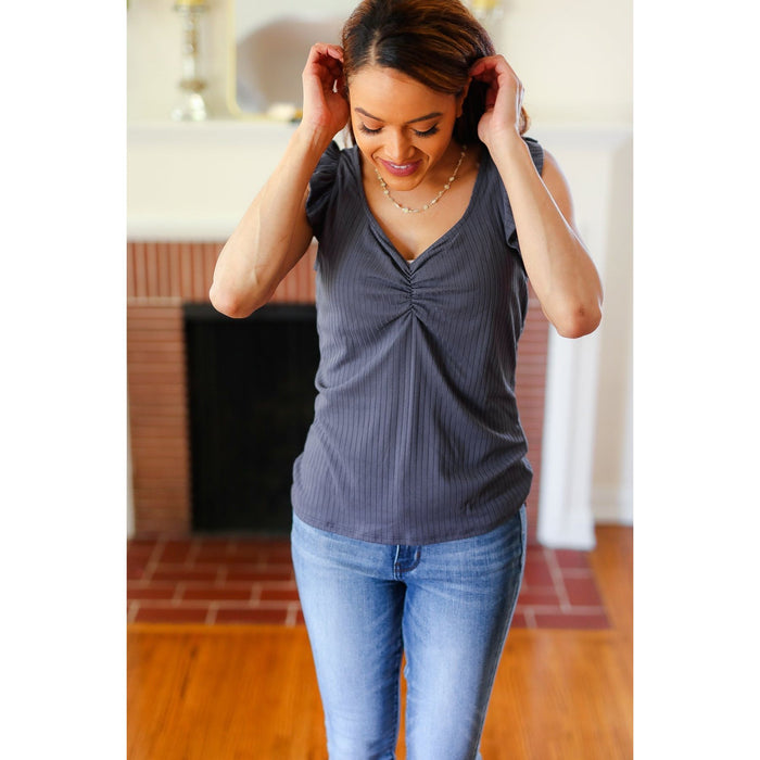 Sunny Days Charcoal Sweetheart Neckline Ribbed Top