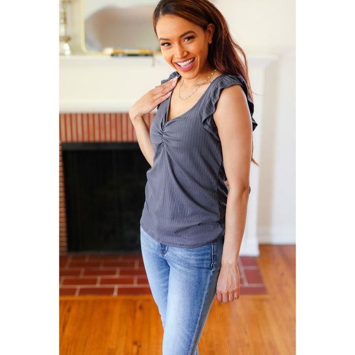 Sunny Days Charcoal Sweetheart Neckline Ribbed Top