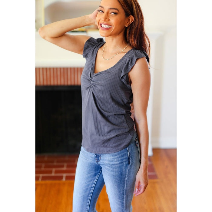 Sunny Days Charcoal Sweetheart Neckline Ribbed Top